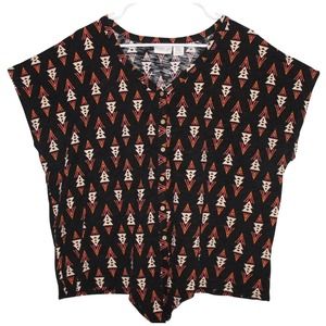 Rachel Zoe Aztec Inspired Cap Sleeve V-Neck Button Front Tie Bottom Top Size 2X